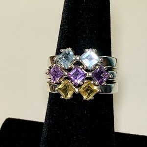 Citrine, Amethyst, and Blue Topaz 3 Piece Stackable Sterling Silver Rings Sz 7